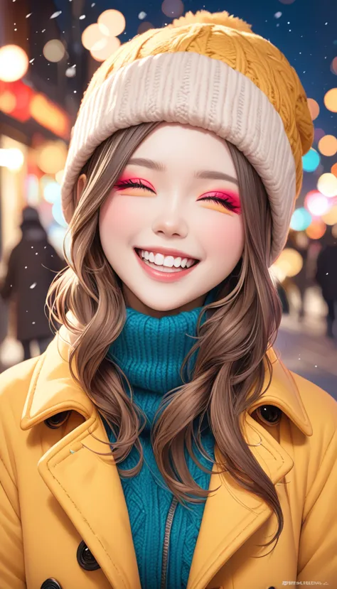 Highly detailed face, ((Drop your eyes)), pretty girl, Vibrant colors, Soft natural light, Bokeh effect. Winter clothing, Perfec...