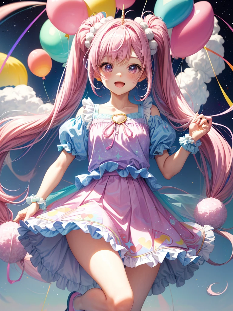 (whole body, legs and shoes visible: 1.2)) Expressive eyes, One girl, Pale skin, Long Hair, Windblown Hair, ((absurdly Long Hair)), Long Side Lock, Princess bangs, Hair bangs, Hair Bun, ((Very long twin tails)), Rainbow Hair, Light pink hair, blush, full face blush, big sparkling Pastel Purple eyes, (Gradient Eye), Laughing with your mouth open, cute pose, ((Holding a balloon : 1.3)) ((cute and pastel fashion)) ((🦄🎠🎈🎉 theme : 1.4)) A loose pastel dress, ((Dreamy multi-colored open dress)), (Floating ribbon), Lavender Frill, Pink frills, (Light blue lace), Removable short sleeves, Fluffy skirt, ((Rainbow and star printed skirt : 1.3)), Lolita Skirt, Purple ribbon, ((pom pom ribbon hair ornament : 1.4)), Multiple Bows, Striped lace stockings, (heart型のレッグガーター), cute (Pastel Purple) shoes ((Ultra-detailed clothing and fashion)) I&#39;m watching you, Vintage Girl, blush, (Beautiful attention to detail), (Highly detailed CG Unity 8k wallpaper) (Best Shadow), ((Very delicate and beautiful)), (Detailed light), ((Depth of written boundary)) Big Head, Big, bright eyes, Moe, Splash Art, Cinema Lighting, Front view, volumetric lighting maximalist photo illustration k resolution high resolution intricate detailed complex key visuals precise linear ((Dreamy pastel sky background, Surrounded by sunset clouds, shooting star, Castle above the clouds)) ((Ultra-detailed landscapes, Foggy clouds, Hung by balloons, heart : 1.3))