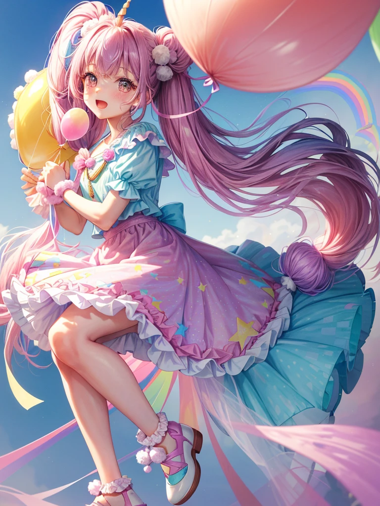 (whole body, legs and shoes visible: 1.2)) Expressive eyes, One girl, Pale skin, Long Hair, Windblown Hair, ((absurdly Long Hair)), Long Side Lock, Princess bangs, Hair bangs, Hair Bun, ((Very long twin tails)), Rainbow Hair, Light pink hair, blush, full face blush, big sparkling Pastel Purple eyes, (Gradient Eye), Laughing with your mouth open, cute pose, ((Holding a balloon : 1.3)) ((cute and pastel fashion)) ((🦄🎠🎈🎉 theme : 1.4)) A loose pastel dress, ((Dreamy multi-colored open dress)), (Floating ribbon), Lavender Frill, Pink frills, (Light blue lace), Removable short sleeves, Fluffy skirt, ((Rainbow and star printed skirt : 1.3)), Lolita Skirt, Purple ribbon, ((pom pom ribbon hair ornament : 1.4)), Multiple Bows, Striped lace stockings, (heart型のレッグガーター), cute (Pastel Purple) shoes ((Ultra-detailed clothing and fashion)) I&#39;m watching you, Vintage Girl, blush, (Beautiful attention to detail), (Highly detailed CG Unity 8k wallpaper) (Best Shadow), ((Very delicate and beautiful)), (Detailed light), ((Depth of written boundary)) Big Head, Big, bright eyes, Moe, Splash Art, Cinema Lighting, Front view, volumetric lighting maximalist photo illustration k resolution high resolution intricate detailed complex key visuals precise linear ((Dreamy pastel sky background, Surrounded by sunset clouds, shooting star, Castle above the clouds)) ((Ultra-detailed landscapes, Foggy clouds, Hung by balloons, heart : 1.3))