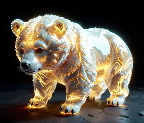 gl4ssj3m, glass white bear cub, glowneon, vibrant neon, intricate details, extremely detailed, best quality, hires textures, cin...