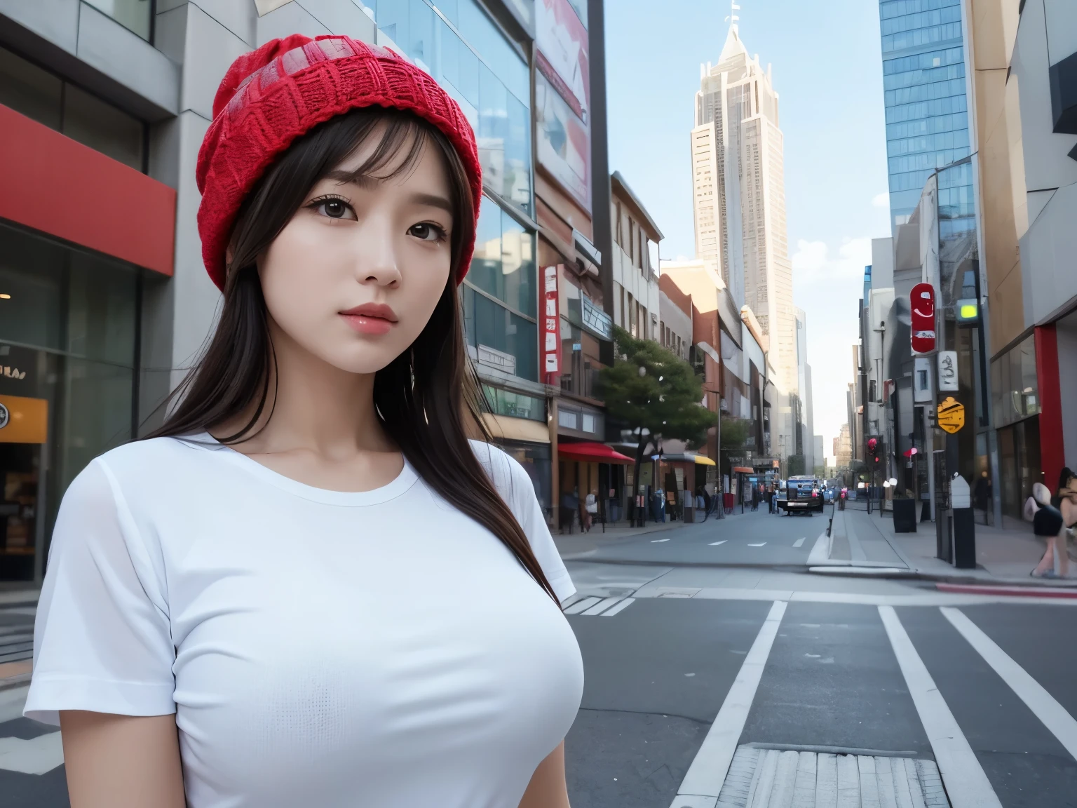 Photorealistic、Masseter region、Highest quality、High resolution、RAW Photos、Genuine、Bright lighting、Face Light、Smooth Professional Lighting、Japanese women、Beautiful Face、Just the right breasts、Knitted hat 1:3、Gorgeous T-shirt、The background is downtown during the day