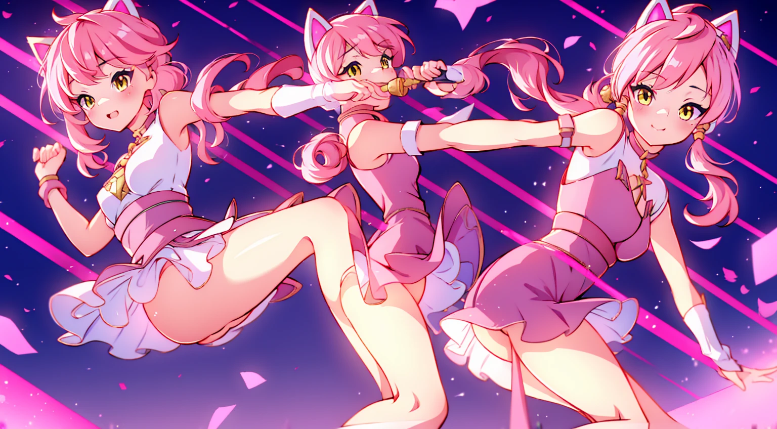 An anime girl with cat ears. Fake cat ears, and the cat ears are framed in gold on the head, long pink hair, very long hair, bright pink hair, white miniskirt with gold belt, She wears white gloves on her hands, pinker BH pinker Tanger, around the neck a golden collar, View to the viewer, 
sexly, large , tight juicy ass, elongated yellow eyes with pink fragments, cute face",,