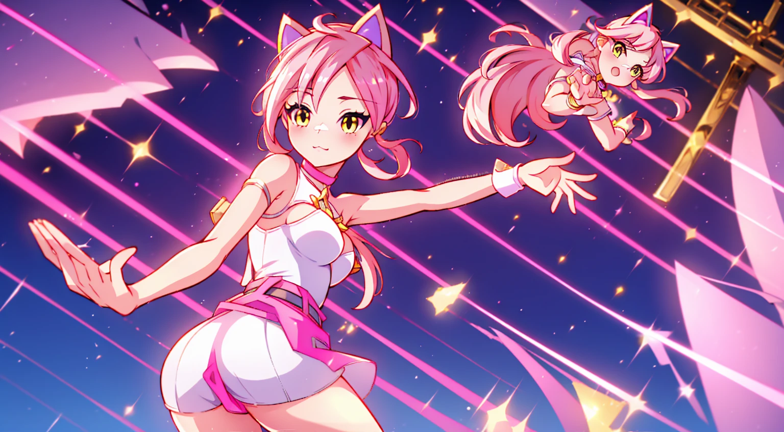 An anime girl with cat ears. Fake cat ears, and the cat ears are framed in gold on the head, long pink hair, very long hair, bright pink hair, white miniskirt with gold belt, She wears white gloves on her hands, pinker BH pinker Tanger, around the neck a golden collar, View to the viewer, 
sexly, large , tight juicy ass, elongated yellow eyes with pink fragments, cute face",,