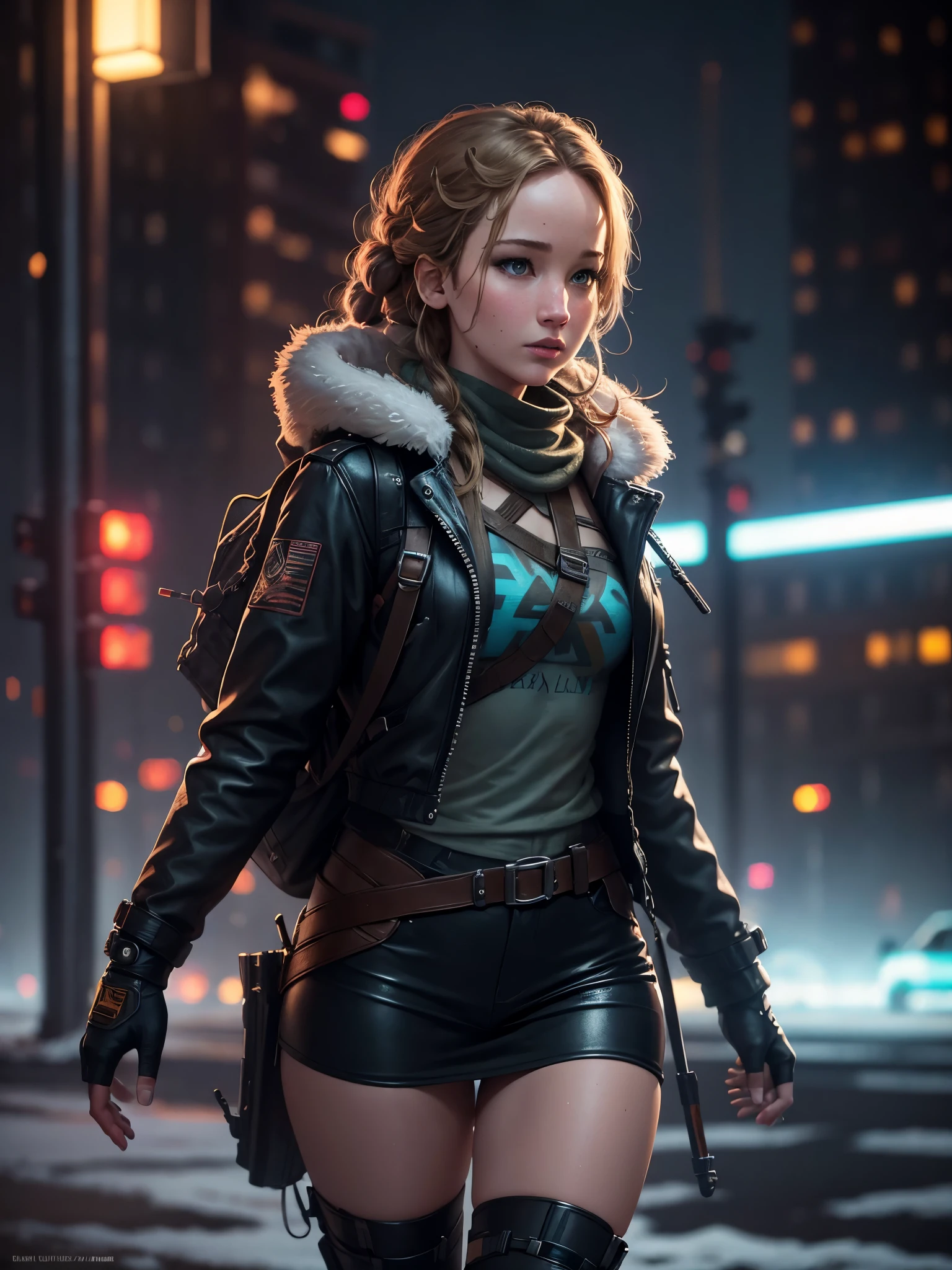 Photorealistic, high fidelity, RTX. Imagine Jennifer Lawrence as a teenage girl from the Hunger Games, turned to the back, behind shot, with a crossbow and arrows, exploring a snowy landscape in a cyberpunk city. Neon lights and holograms create a winter wonderland with a futuristic twist. Her stylish outfit and energetic pose showcase her adventurous spirit and love for cyberpunk winter adventures.