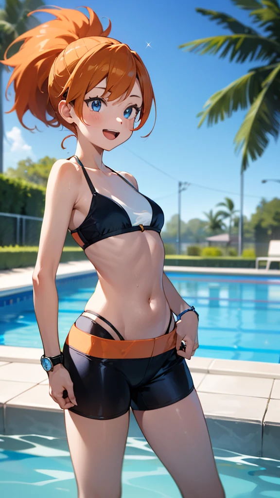 1 girl, masterpiece, best quality, highres, ro1, Misty from pokemon, hair bun, blue eyes, bikini top, blue bicycle shorts, small ponytail on the side, wristwatch, standing, hand on hip, smile, open mouth, (sparkle:1.1), orange hair, medium breasts, 3/4 body view, outdoors, swimming pool