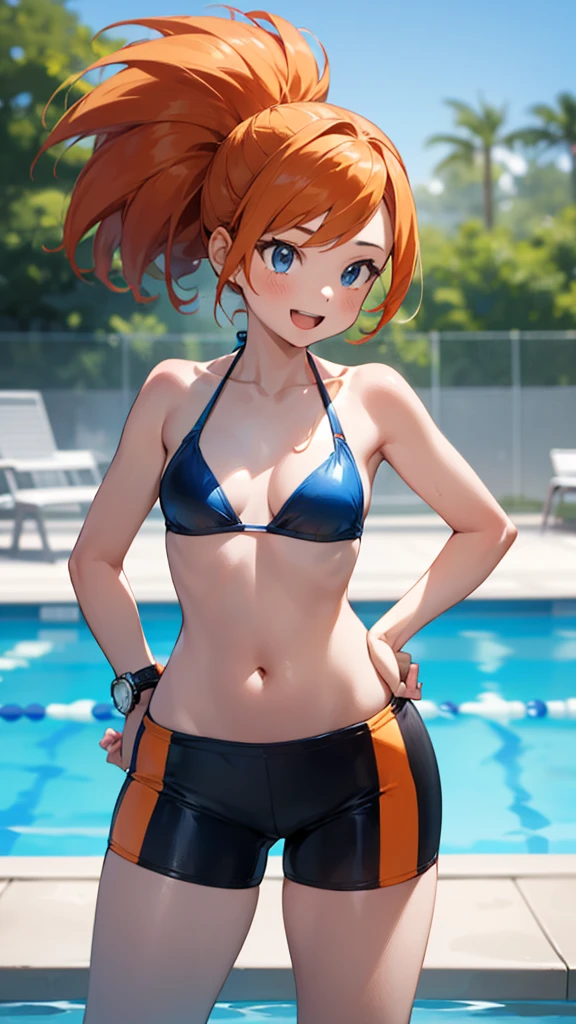 1 girl, masterpiece, best quality, highres, ro1, Misty from pokemon, hair bun, blue eyes, bikini top, blue bicycle shorts, small ponytail on the side, wristwatch, standing, hand on hip, smile, open mouth, (sparkle:1.1), orange hair, medium breasts, 3/4 body view, outdoors, swimming pool