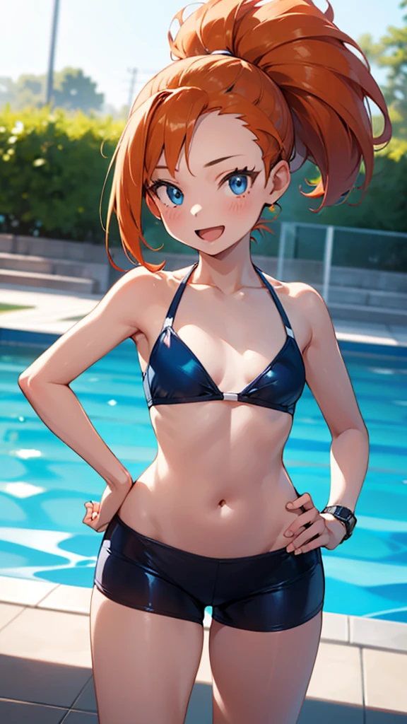 1 girl, masterpiece, best quality, highres, ro1, Misty from pokemon, hair bun, blue eyes, bikini top, blue bicycle shorts, small ponytail on the side, wristwatch, standing, hand on hip, smile, open mouth, (sparkle:1.1), orange hair, medium breasts, 3/4 body view, outdoors, swimming pool