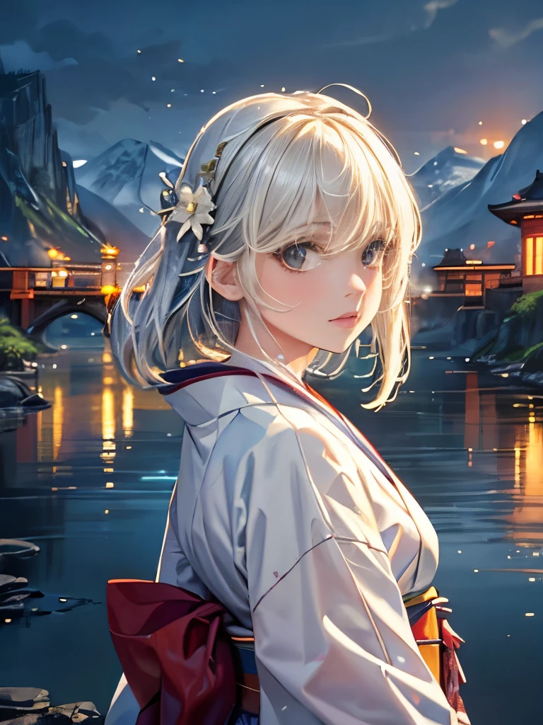 Highest quality, masterpiece, High resolution, High definition, One girl, Detailed face, (Upper Body:1.6), Cyber City, Mountains and Rivers, night, Firefly Light, Realistic, Lots of details, (White kimono:1.2), (Beautiful body:1.4),