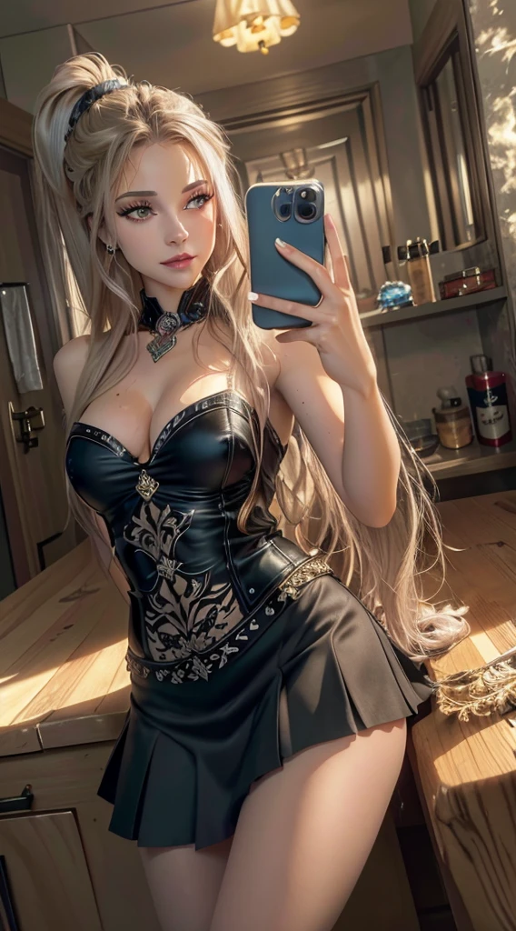 (masterpiece, high quality, best quality:1.1), fantasy style,
woman, long hair, dark brown eyes, blonde hair, lipstick, skirt, top tank,
phonepose, holding cellphone,
extremely detailed, extremely intricate, fine texture, Extremely high-resolution details, detailed hair, sharp focus, vibrant colors, soft lighting,brown eyes