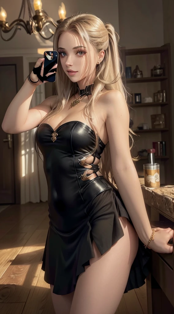 (masterpiece, high quality, best quality:1.1), fantasy style,
woman, long hair, dark brown eyes, blonde hair, lipstick, skirt, top tank,
phonepose, holding cellphone,
extremely detailed, extremely intricate, fine texture, Extremely high-resolution details, detailed hair, sharp focus, vibrant colors, soft lighting,brown eyes