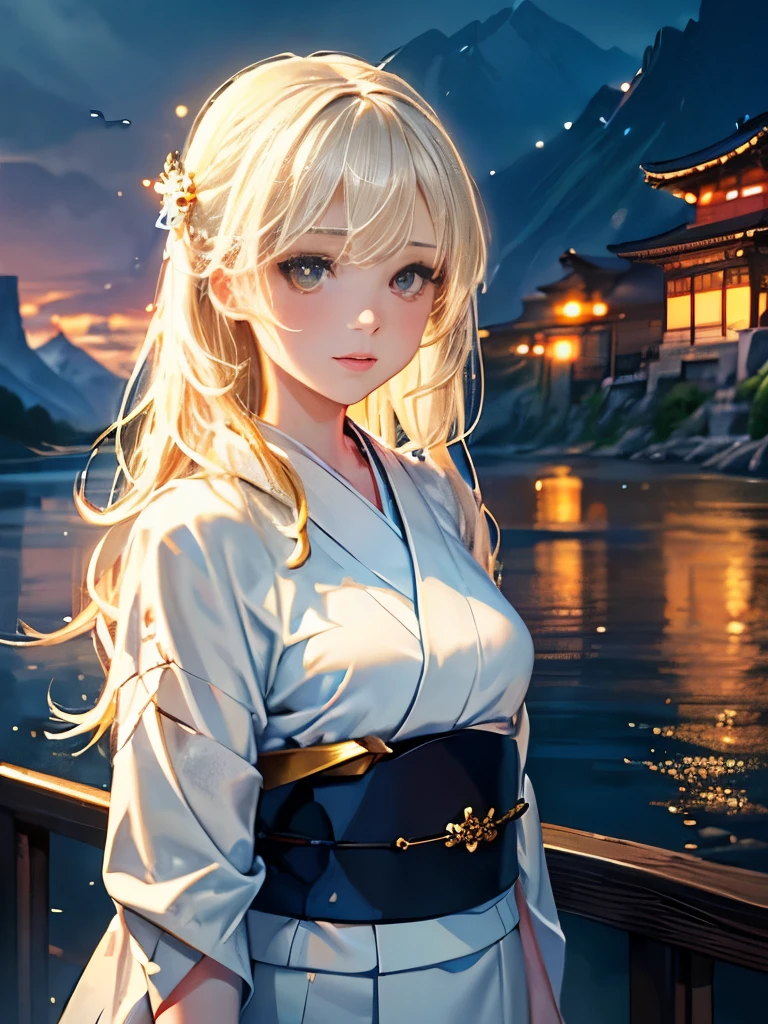 Highest quality, masterpiece, High resolution, High definition, One girl, Detailed face, (Upper Body:1.6), Cyber City, Mountains and Rivers, night, Firefly Light, Realistic, Lots of details, (White kimono:1.2), (Beautiful body:1.4),