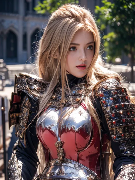 Elegant Armor,Princess, whole body, Wearing the hijab , Crown Luxury , blue eyes, Blonde, Around 19 years old, (Red and silver h...