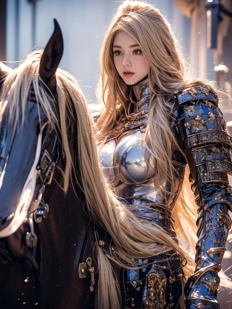 Elegant Armor,Princess, whole body, Wearing the hijab , Crown Luxury , blue eyes, Blonde, Around 1, (Red and silver hijab), masterpiece，The best quality at its best，High resolution，8k，((Portraiture))，(Upper Body)，Original photo，Actual photo，Digital photography, elegant Princess ，blue eyes， 超Huge breasts, pointy Huge breasts extravagant ornament，Lips parted，Make your lips look more attractive and glamorous，((blush))，Unpublished Content，calm and handsome，High-end body armor ((Red and silver armor)) , (Medieval fantasy armor, beautiful pointed breasts, Narrow waist, perfect Huge breasts of Princess body )oc rendering reflection texture, Elegant Style,   Huge breasts , Medieval castle background, The body is slim, very Narrow waist, (Luxury Armor Pattern) , Very slim ,Beautiful as an angel,1 person