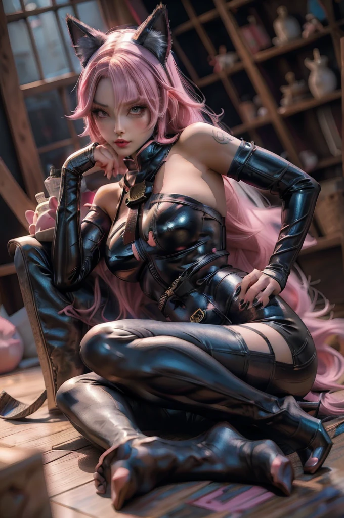 ( sentado en el suelo ) chica anime with pink hair and black pants laying on the ground, seductive chica anime, attractive mujer gato, anime mujer gato, estilo de arte lindo anime, cute anime mujer gato, estilo anime 4k, (chica anime), chica anime, mujer gato, beautiful anime mujer gato, attractive chica anime, chica anime with cat ears, estilo anime ecchi, gato animado, mujer gato
