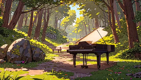 there&#39;s a piano in the middle of the forest, beautiful peaceful scene in anime, anime background art, atei gailan style, ani...