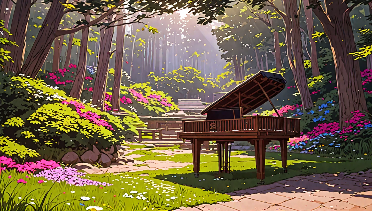 There&#39;s a piano in the middle of the forest, Beautiful peaceful scene in anime, Anime Background Art, Atei Gailan Style, Anime Art Wallpapers 8K, Anime Rush John 8k Woods, Beautiful anime scene, arte koto no ha no niwa, Atei Gailan 8K, anime nature wallpapers, Colorful anime movie background