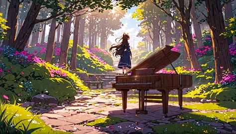 there&#39;s a piano in the middle of the forest, beautiful peaceful scene in anime, anime background art, atei gailan style, ani...