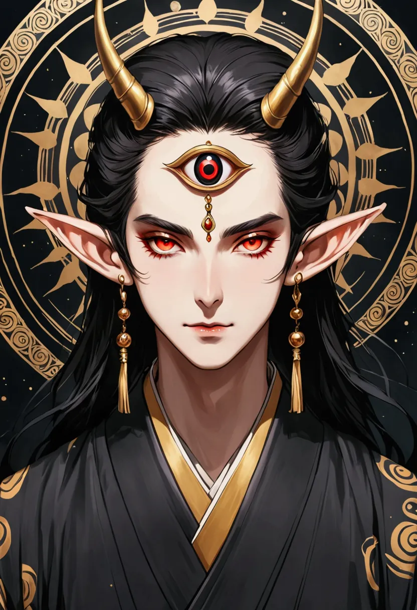 digital board painting，flat coating，thick coating，dark illustration，(((1 prince，独奏，third eye on the forehead，dark eyeshadow.elf ...