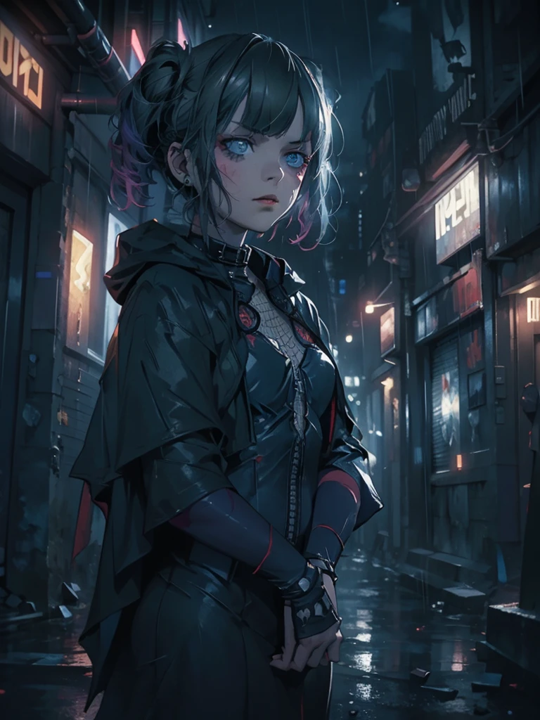 A girl in a Batsuit, dark dramatic lighting, rainy gritty Gotham City street at night, billowing cape, stern expression, ultra-detailed, 8K, cinematic angles, moody colors, masterpiece, neon lights, eerie glow, anime style