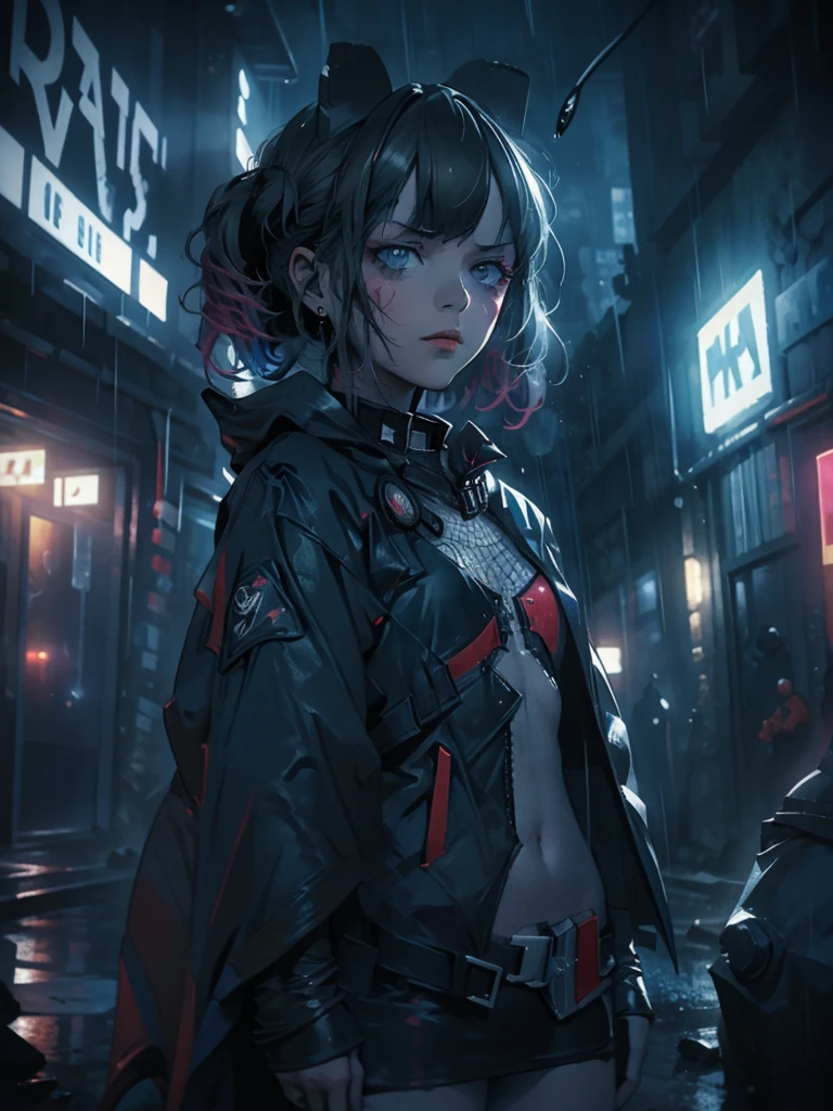 A girl in a Batsuit, dark dramatic lighting, rainy gritty Gotham City street at night, billowing cape, stern expression, ultra-detailed, 8K, cinematic angles, moody colors, masterpiece, neon lights, eerie glow, anime style