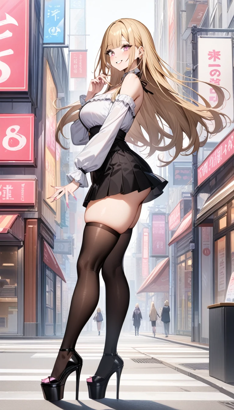 ((masterpiece, high resolution, better quality, better details)), ((Marin Kitagawa)), ((Smiling)), ((one girl)) a girl modeling standing in the city, mini skirt, blouse, ((big neckline)), ((platform high heels)), pink eyes with black outline, (light blonde hair, straight hair, straight bangs, long hair)), long nails, pink nails, (((curvy body))), shiny skin, ((side view)), solo, bare shoulders, full body, focus full body, high heels, ((White background)), ((black stockings)),