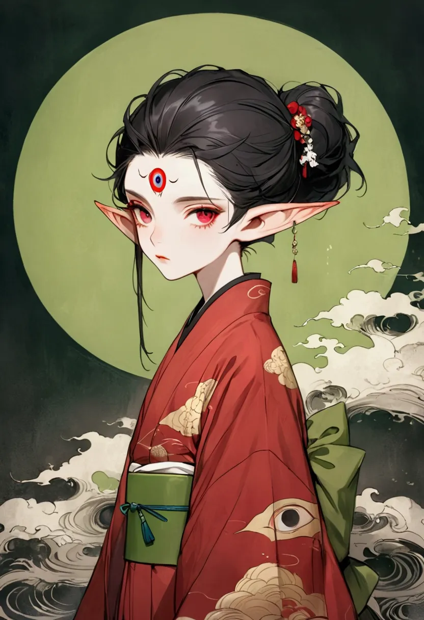 art illustration，dark style，(((1 boy，独奏，third eye on the forehead，elf ears))),(((gorgeous japanese red kimono：1.6，eye diagram，da...