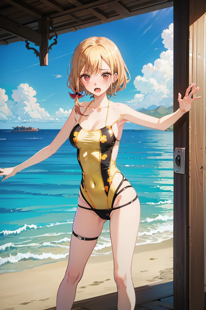 Random patterned swimsuit、Random Swimsuit、Swimsuits in random colors、Random pose、、Acme Face、Random pose、, Pale red eyes、Semi-long hair、Chestnut Hair、Sandy Beach、、、nsfw、Highest quality、1 girl、solo、Ocean、Sexy pose、Random pose、Blushing、wet、Embarrassed、I can see half of my 、、One Piece Swimwear、(Strap slip:1.3)、Swimsuits in random colors、Swimwear