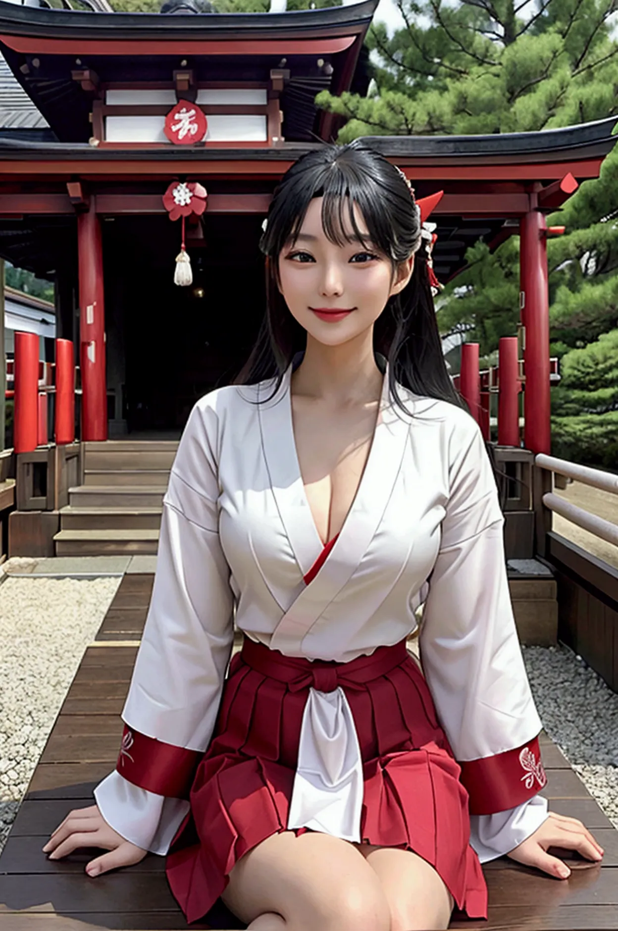 ((highest quality、tabletop、8k、best image quality))、beautiful shrine maiden、shrine maiden&#39;white kimono、shrine maiden千早、priest...