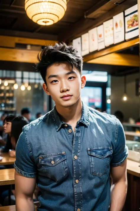 ((realistic daylight)) , young korean man in a black t-shirt with no pattern, a denim shirt, and jeans., a handsome, muscular yo...