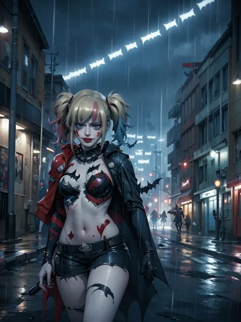 Full shot, Harley Quinn wearing the Batsuit in the heavy rain. on the streets of ghotam city in a neo city style. serious expres...