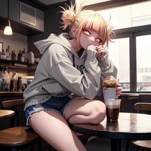 himiko toga, 일본 만화 영화 character from My Hero Academia, 회색 오버사이즈 후드티를 입고, 찢어진 데님 반바지, 그리고 검은색 샌들. She is 좌석 at a modern 카페 table near the window, drinking a cappuccino with a 인정 있는 표현. The 카페 has a cozy atmosphere with wooden furniture and 부드러운 조명. [스타일: 일본 만화 영화, 배경: 카페, 포즈: 좌석, 표현: 인정 있는, 조명: 부드러운]