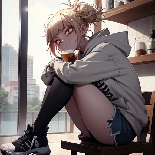 Himiko Toga, animé character from My Hero Academia, Porter un sweat à capuche gris surdimensionné, short en jean déchiré, et des sandales noires. She is Séance at a modern Café table near the window, drinking a cappuccino with a réfléchi expression. The Café has a cozy atmosphere with wooden furniture and Doux éclairage. [style: animé, arrière-plan: Café, Pose: Séance, expression: réfléchi, éclairage: Doux]