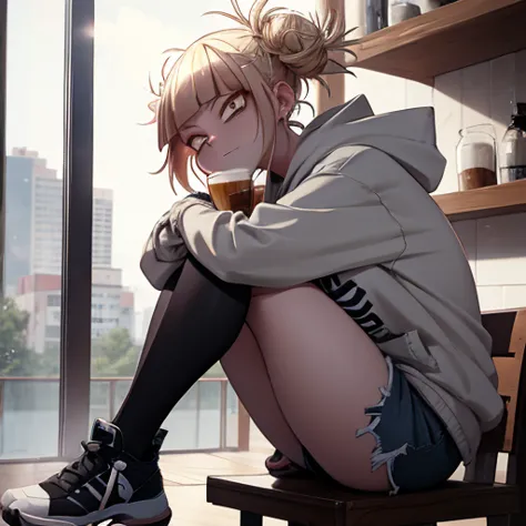 Himiko Toga, anime character from My Hero Academia, wearing an oversized grey hoodie, ripped denim shorts, and black sandals. Sh...