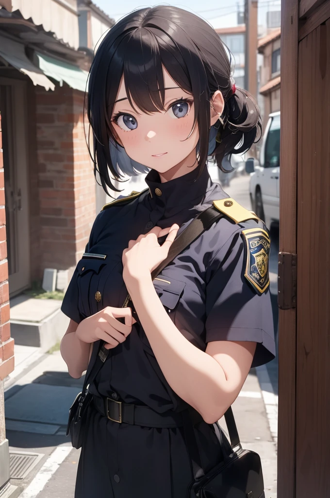 A female inspector belonging to the Public Safety Bureau&#39;s Criminal Investigation Division 1, Navy blue tight skirt, Navy blue jacket, White shirt, tie, Police handgun holder on waist, Put your feet up on an abandoned pipe, ((lift up her skirt)), (white panties), Anime Style,