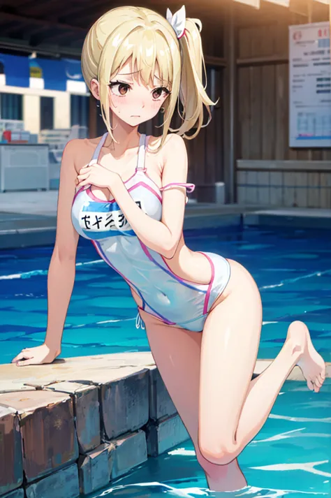 school swimsuit,,blushing、pale brown eyes、blonde、side ponytail、medium hair、、head to toe full body、blushing、embarrassed look、comp...