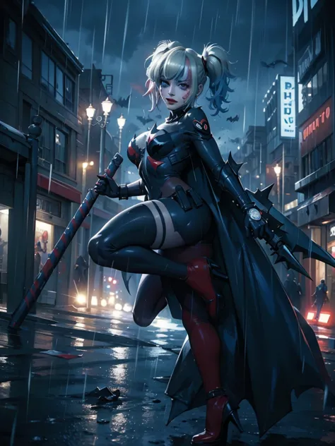 full shot, harley quinn wearing the batsuit in the heavy rain. on the streets of ghotam city in a neo city style. serious expres...