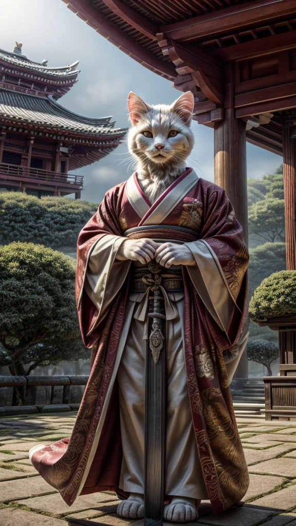 (((8k))), (((High resolution))),((Highest quality)),A white cat wearing a kimono,muscle,Bipedal,upright,Short,3 heads,Serious face,samurai,Holding a long sword with both hands,Shrine garden,SakuraFubuki,Ultra-realistic,8k,Ultra-fine,Super detailed,battle,Yellow aura,Mysterious atmosphere,The fog rolls in