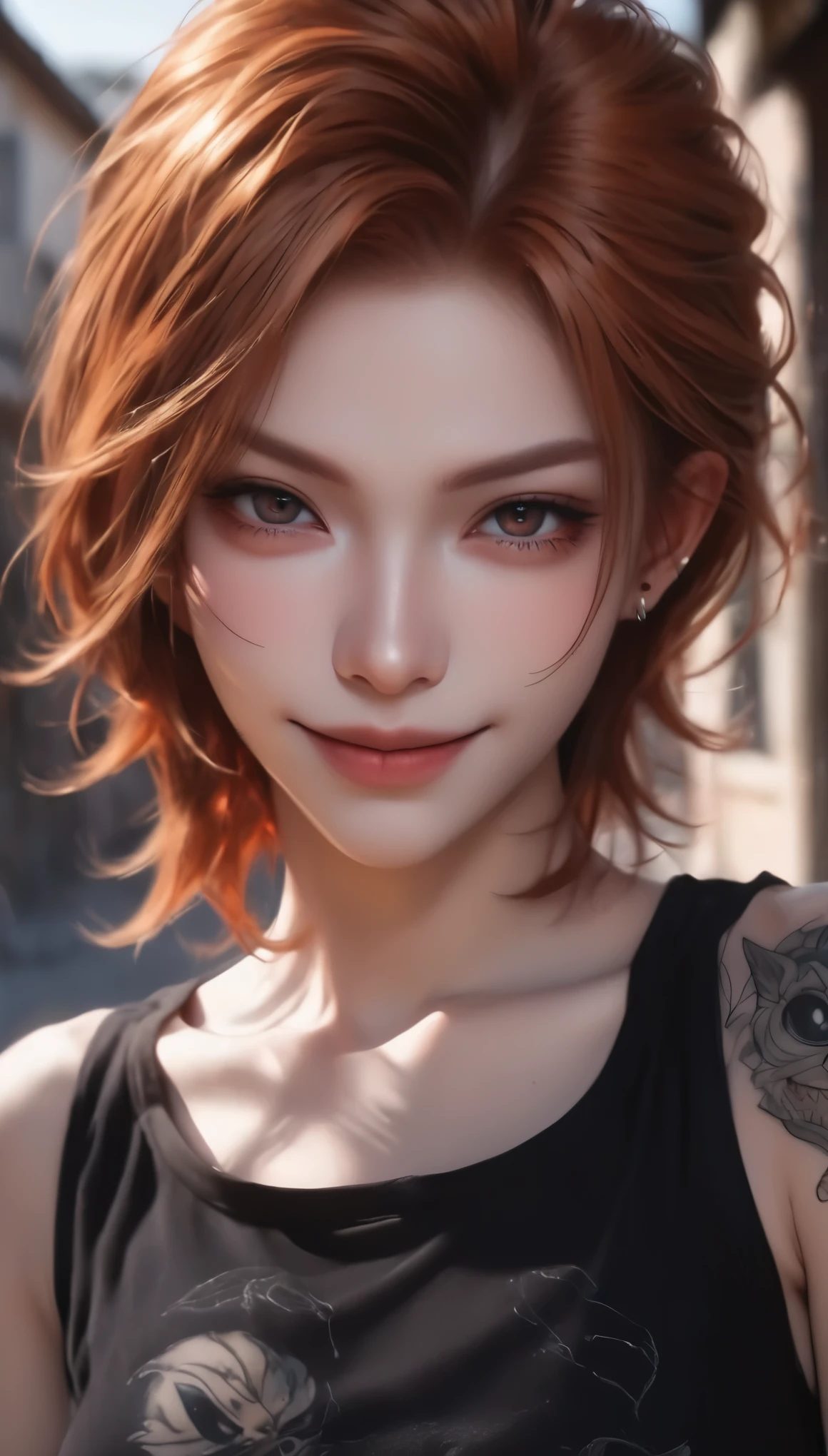 beautiful eyes, (Crop Top), (Black jeans), (full arm tattoo), illustration, (Shop Background) ((masterpiece)), (best quality), ((Very detailed)), Beautiful and delicate eyes, (vampire), ((Modern Landscape)), (Original, high resolution), Realityism, semi-Realityism, (Overexposure, illustration, Ambient Light), (Delicate and meticulous), (Very detailed), (light and shadow_symmetry:1.3), Smooth, (Perfect shadow), (Perfect Rendering), (Dynamic angle, Natural posture), ((Good anatomy)), (Smile), Evil chi, (Sweet ginger hair), (hair covering one eye), (Delicate face), ((Complex surface)), Smile, Depth of Field, Dynamic from above, light, (Reality), (Clear focus)