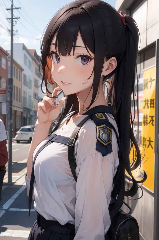 A female inspector belonging to the Public Safety Bureau&#39;s Criminal Investigation Division., Navy blue tight skirt, Navy blue jacket, White shirt, tie, (Put your feet up on an abandoned pipe), ((lift up her skirt)), (white panties), Anime Style, blush,