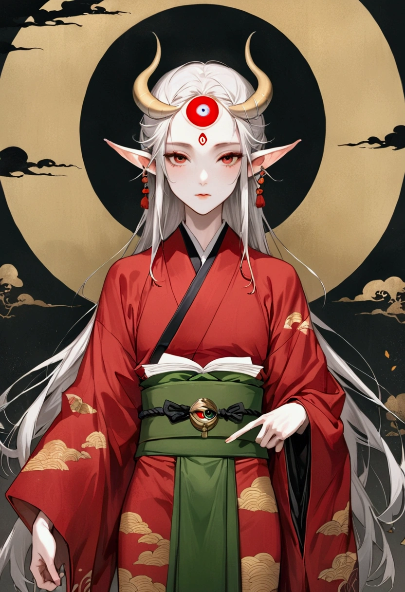 Art Illustration，Dark Style，(((1 Boy，独奏，third eye on the forehead，Elf ears))),(((Gorgeous Japanese red kimono：1.6，Eye Diagram，Dark Pattern))).(((Thin waist，Greenbelt：1.37)))whole body，Paper lanterns in the sky，Kongming Lantern