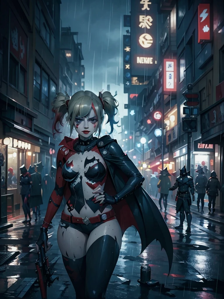 Full shot, Harley Quinn wearing the Batsuit in the heavy rain. on the streets of ghotam city in a neo city style. serious expression. walking. batman suit, batman cape flying through the air behind her. accessories related to batman and harley. overnight. detailed. detailed face. professional illustration. 8k. dark colors.  