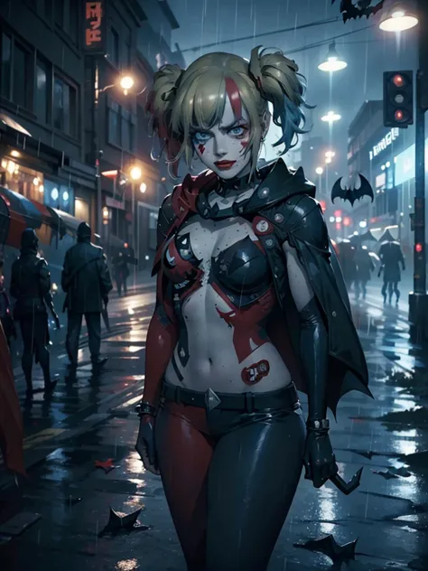 Full shot, Harley Quinn wearing the Batsuit in the heavy rain. on the streets of ghotam city in a neo city style. serious expres...