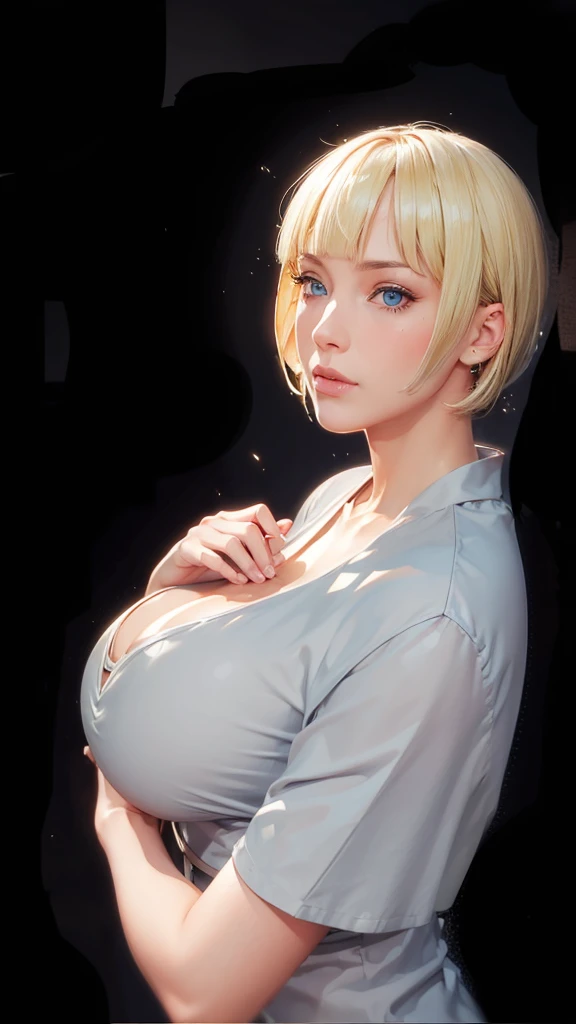 (（（Perfect body,White and tender skin,（（（BLACK KIMONO, CLEAVAGE, VAMBRACES,）））,（（（Samui, Blue eyes, blonde hair, short hair, bangs, blunt bangs,）））,((masterpiece)),high resolution, ((Best quality at best)),masterpiece,quality,Best quality,（（（ Exquisite facial features,Looking at the audience,There is light in the eyes,blush,Happy,lol）））,Look up at the sky，Raise a hand，From below）））,（（（Light and shadow,Huge breasts）））,（（（Looking at the camera,black background,)））),