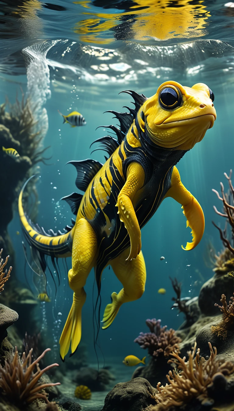 Panorama，A creature in water，Yellow body，Full of black lines(best quality，4K，8k，High level，masterpiece：1.2），Ultra Detailed，（lifelike，Photo real，Photo real：1.37），Highly detailed animals，Complex patterns，Realistic lighting，Fantasy Creatures