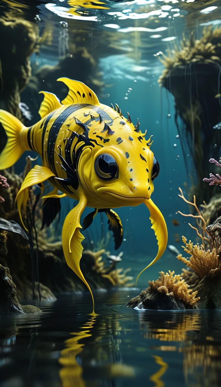 Panorama，A creature in water，Yellow body，Full of black lines(best quality，4K，8k，High level，masterpiece：1.2），Ultra Detailed，（lifelike，Photo real，Photo real：1.37），Highly detailed animals，Complex patterns，Realistic lighting，Fantasy Creatures