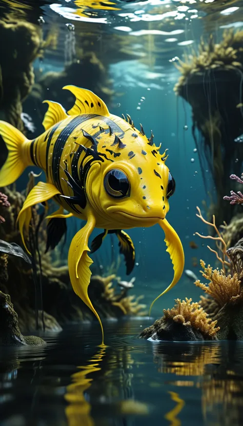Panorama，A creature in water，Yellow body，Full of black lines(best quality，4K，8k，High level，masterpiece：1.2），Ultra Detailed，（life...