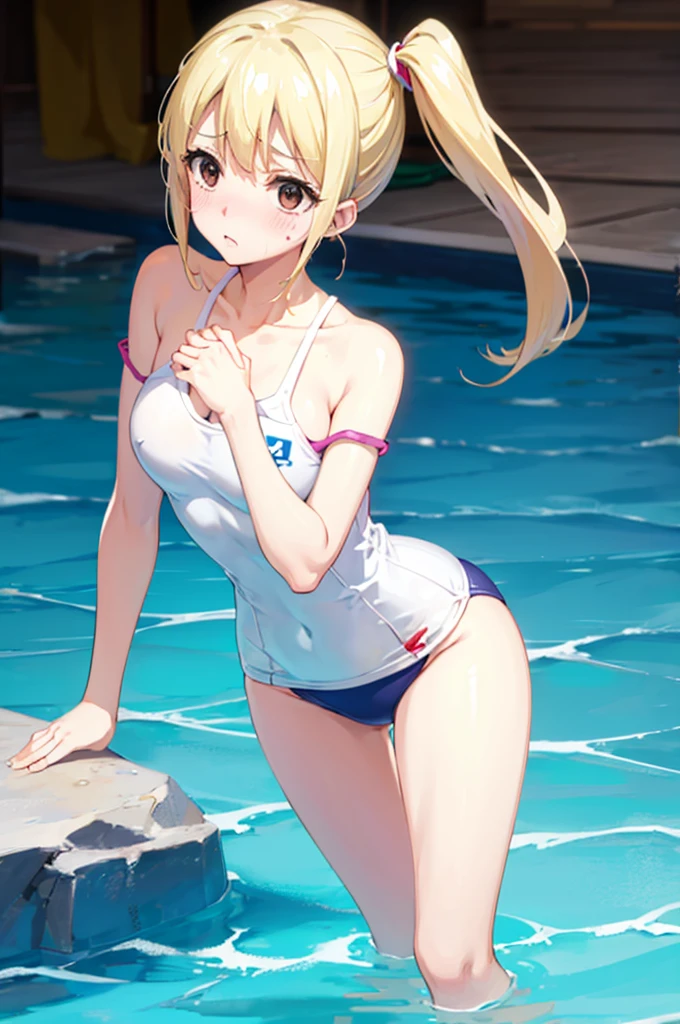 School Swimsuit,,Blushing、Pale brown eyes、Blonde、Side Ponytail、Medium Hair、、Head to toe full body、Blushing、Embarrassed look、Composition from the front、A view from slightly below、school swimwear、Acme Face、Random pose、, 、nsfw、Highest quality、1 girl、solo、Ocean、Sandy Beach、Sexy pose、Random pose、Blushing、Wet、Embarrassed、I can see half of my 、、One piece swimsuit、(Strap slip:1.3)、School Swimsuit