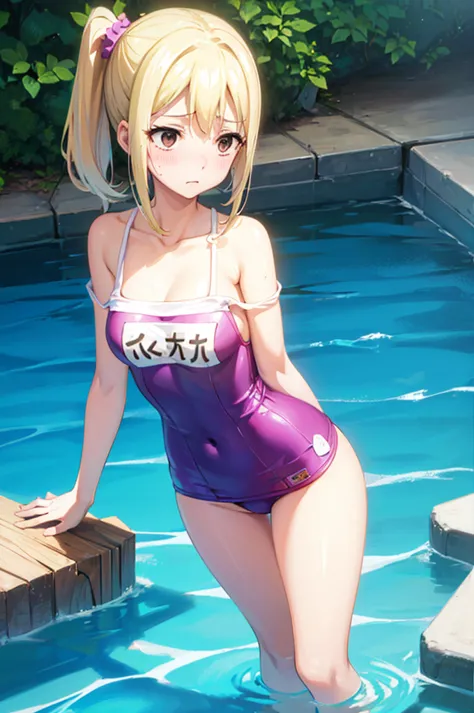 school swimsuit,,blushing、pale brown eyes、blonde、side ponytail、medium hair、、head to toe full body、blushing、embarrassed look、comp...