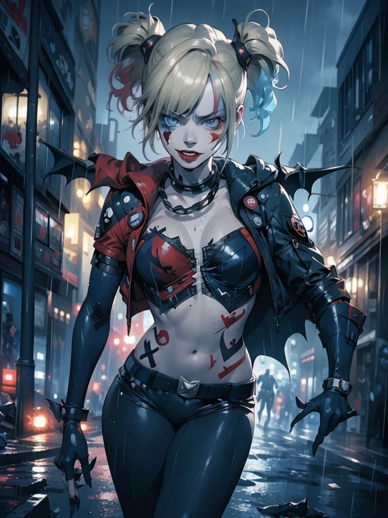 Ganzer Schuss, Harley Quinn im Batsuit im starken Regen. auf den Straßen von Ghotam City im Neo-City-Stil. Ernster Ausdruck. gehen. Batman-Anzug, Batman-Umhang fliegt hinter ihr durch die Luft. Zubehör rund um Batman und Harley. Über Nacht. ausführlich. ausführlich face. professionelle Illustration. 8k. dunkle Farben.  Anime-Stil.