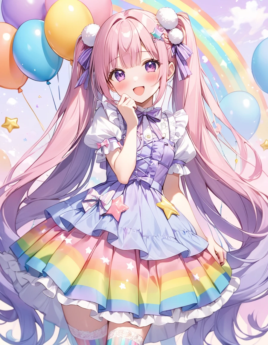 (whole body, legs and shoes visible: 1.2)) Expressive eyes, One girl, Pale skin, Long Hair, Windblown Hair, ((absurdly Long Hair)), Long Side Lock, Princess bangs, Hair bangs, Hair Bun, ((Very long twin tails)), Rainbow Hair, Light pink hair, blush, full face blush, big sparkling Pastel Purple eyes, (Gradient Eye), Laughing with your mouth open, cute pose, ((Holding a balloon : 1.3)) ((cute and pastel fashion)) ((🦄🎠🎈🎉 theme : 1.4)) A loose pastel dress, ((Dreamy multi-colored open dress)), (Floating ribbon), Lavender Frill, Pink frills, (Light blue lace), Removable short sleeves, Fluffy skirt, ((Rainbow and star printed skirt : 1.3)), Lolita Skirt, Purple ribbon, ((pom pom ribbon hair ornament : 1.4)), Multiple Bows, Striped lace stockings, (heart型のレッグガーター), cute (Pastel Purple) shoes ((Ultra-detailed clothing and fashion)) I&#39;m watching you, Vintage Girl, blush, (Beautiful attention to detail), (Highly detailed CG Unity 8k wallpaper) (Best Shadow), ((Very delicate and beautiful)), (Detailed light), ((Depth of written boundary)) Big Head, Big, bright eyes, Moe, Splash Art, Cinema Lighting, Front view, volumetric lighting maximalist photo illustration k resolution high resolution intricate detailed complex key visuals precise linear ((Dreamy pastel sky background, Surrounded by sunset clouds, shooting star, Castle above the clouds)) ((Ultra-detailed landscapes, Foggy clouds, Hung by balloons, heart : 1.3))